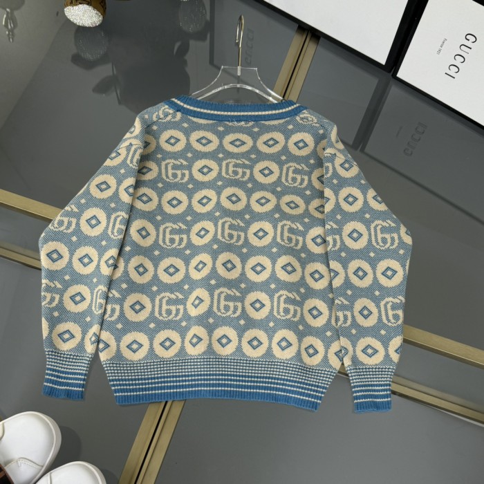 NIGO Gucci Kid's Spring And Autumn Blue Double G Printed V-Neck Long Sleeve Cotton Single Breasted Cardigan #nigo31354