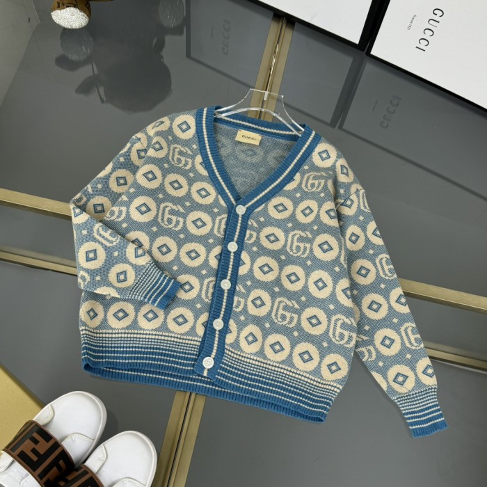 NIGO Gucci Kid's Spring And Autumn Blue Double G Printed V-Neck Long Sleeve Cotton Single Breasted Cardigan #nigo31354