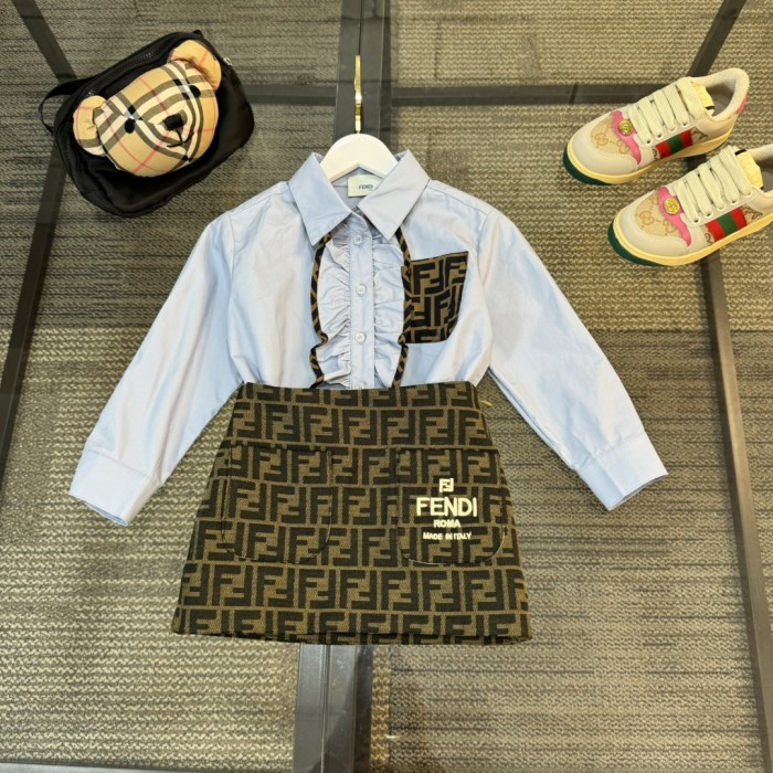 NIGO Fendi Kid's Spring And Autumn Solid Color Long Sleeve Slim Shirt Casual Jacquard Embroidery Canvas Short Skirt Set #nigo31353