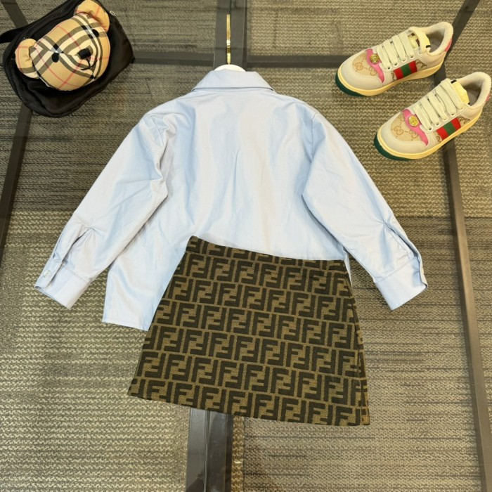 NIGO Fendi Kid's Spring And Autumn Solid Color Long Sleeve Slim Shirt Casual Jacquard Embroidery Canvas Short Skirt Set #nigo31353