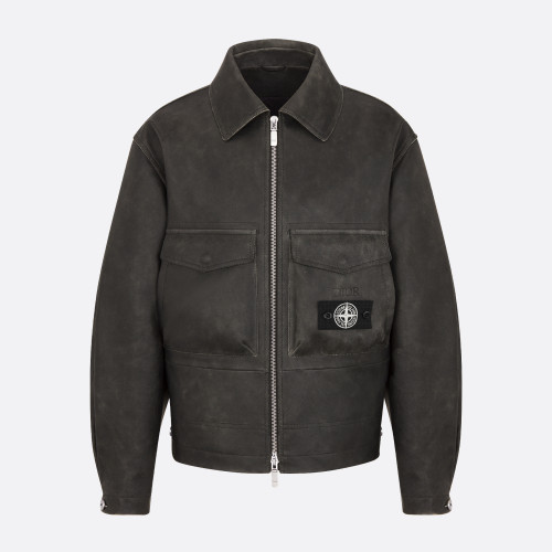 NIGO Dior X Stone Island Men's Fall/Winter Black Leather Zipper Long Sleeve Jacket #nigo73767