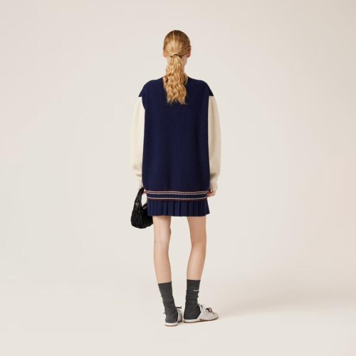 NIGO MiuMiu Women's Spring And Fall V-neck Blue And White Blended Knit Single Breasted Cashmere Sweater Jacket #nigo74428