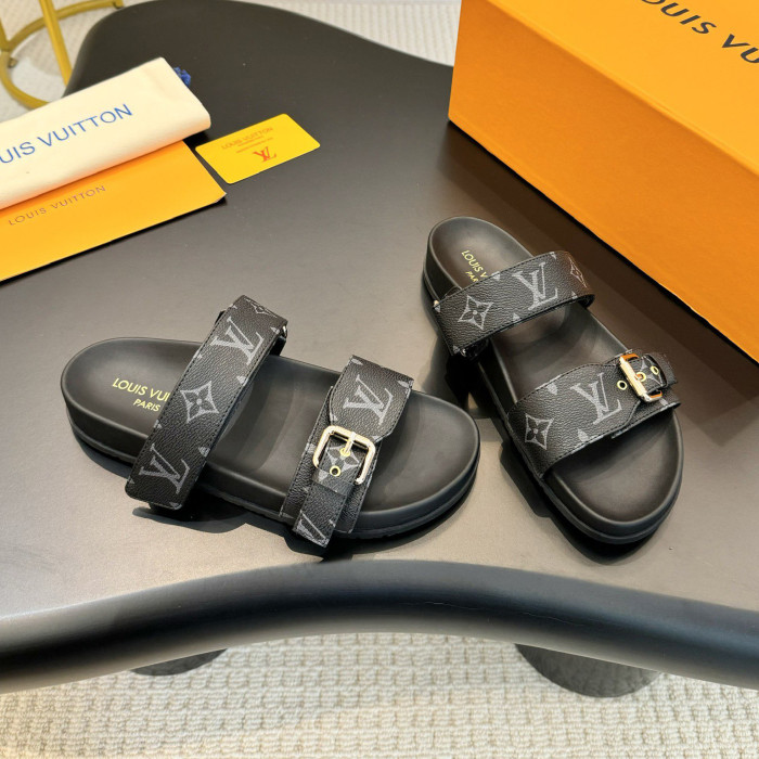 NIGO Louis Vuitton Bom Dia Men's and Women's Alphabet Jacquard Round Head Thick Bottom Velcro Slippers Sandals Shoes #nigo74454