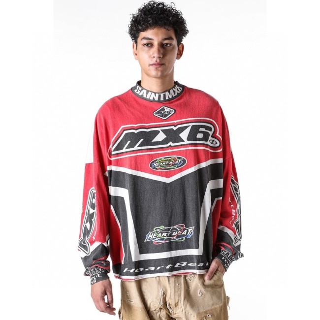 NIGO Saint Michael Men's Red And White Racing Suit Spring And Autumn Funky High Street Distressed Round Neck Long Sleeve T Shirt Ngvp #nigo9717