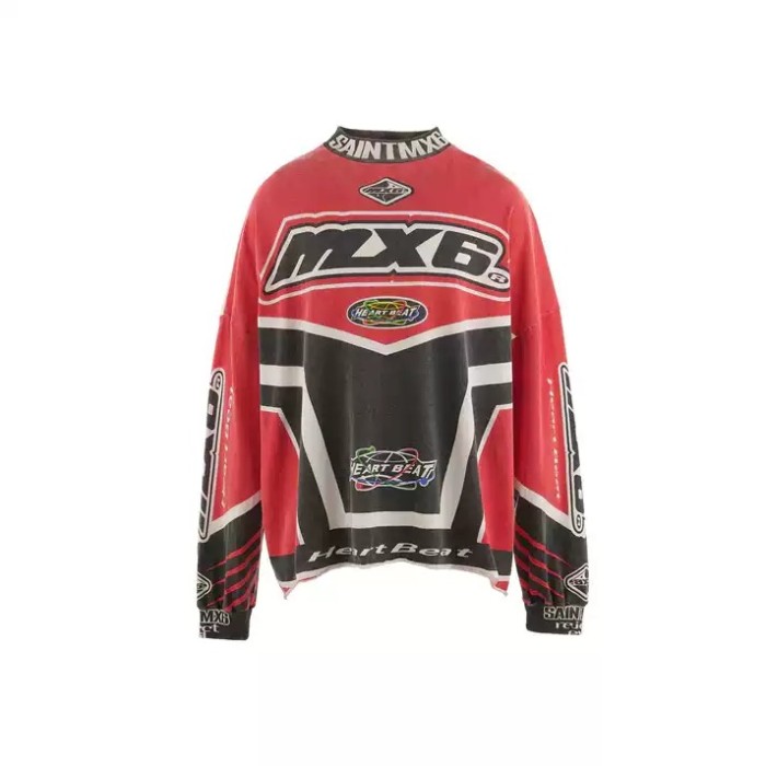NIGO Saint Michael Men's Red And White Racing Suit Spring And Autumn Funky High Street Distressed Round Neck Long Sleeve T Shirt Ngvp #nigo9717