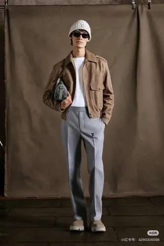 NIGO Louis Vuitton Men's Autumn and Winter Solid Color Lapel Twill Fabric Calfskin Long Sleeve Aviator Jacket #nigo74574