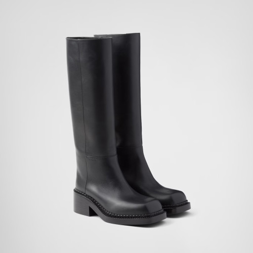 NIGO Prada Women's Autumn and Winter Solid Color Square Toe Calfskin Thick Bottom Thigh High Boots Shoes #nigo74749