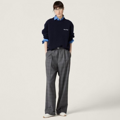 NIGO MiuMiu Women's Spring and Autumn Gray Check Elastic Mid Waist Wide Leg Casual Pants #nigo74783