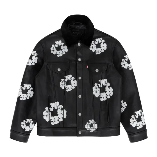 NIGO Denim Tears x Levi's Men's and Women's Autumn and Winter Black Leather Cotton Loop Logo Printed Lapel Single Breasted Long Sleeve Jacket Mid Calf Casual Pants Suit Set #nigo74881