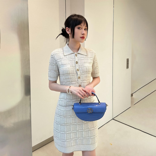 NIGO Gucci Women's Early Spring Wool Gold And Silver Silk Thread Plaid Jacquard Dress Lapel Knitted Temperament Elegant Dresses Ngvp #nigo9852