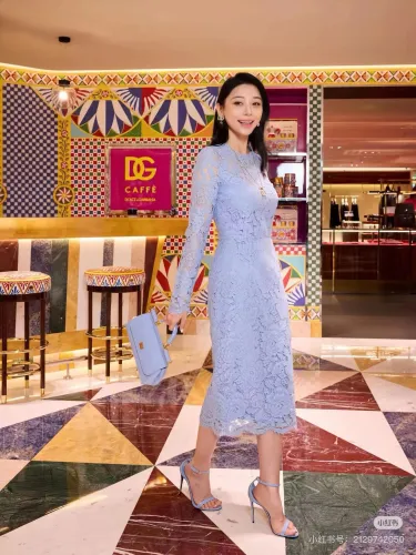 NIGO Dolce&Gabbana Women's Summer Blue Floral Lace Semi-sheer Round Neck Long Sleeve Dress Silk Camisole Lining #nigo75161