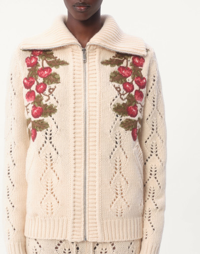 NIGO Valentino Women's Spring Cherry Embroidery Wool Knitted Jacket Skeleton Zip Knit Fashion Elegant Cute Lapel Sweater Cardigan Ngvp #nigo9914