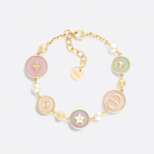 NIGO Dior D-Luck Women's Gold Multicolor Clear Resin Round Plaque Decorative Metal Bracelet Necklace Jewelry #nigo75212