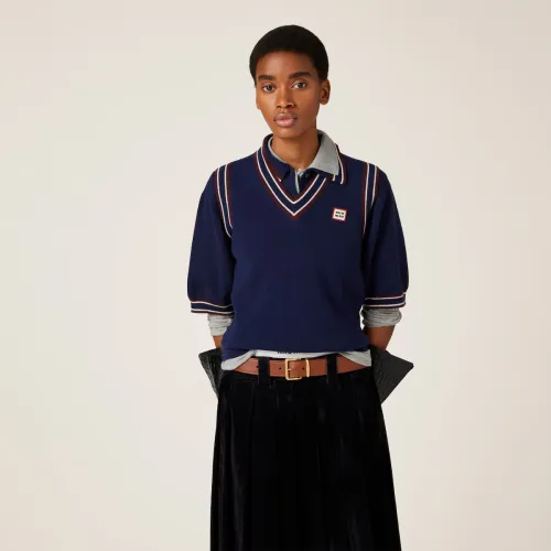 NIGO MiuMiu Holiday Collection Club Label Patch Casual Striped Blue Suit Three Piece Knit Polo Shirt College Style Vest Pleated Short Skirt Set Suit #nigo71958