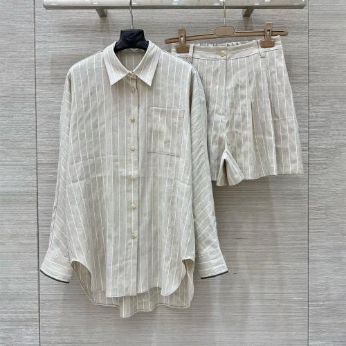 NIGO Brunello Cucinelli Women's Summer Striped Single Breasted Linen Long Sleeve Shirt Button Up Casual Shorts Set Suit #nigo75831