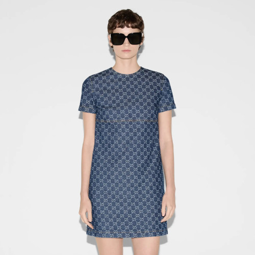NIGO Gucci Women's Spring/Summer Logo Printed Denim Jacquard Round Neck Zipper Short Sleeve Dresses #nigo75916