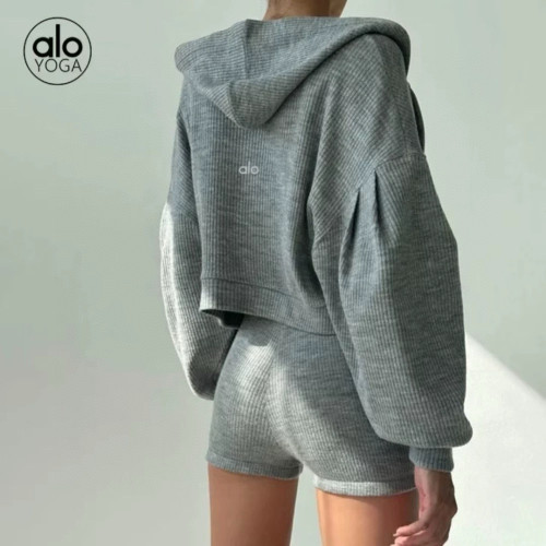 NIGO Alo Yoga Women's Spring and Summer Solid Color Casual Hooded Cardigan Sweatshirt Jakcet V-Neck Triangle Cup Corset High Waisted Shorts Three Piece Set Suit #nigo75938