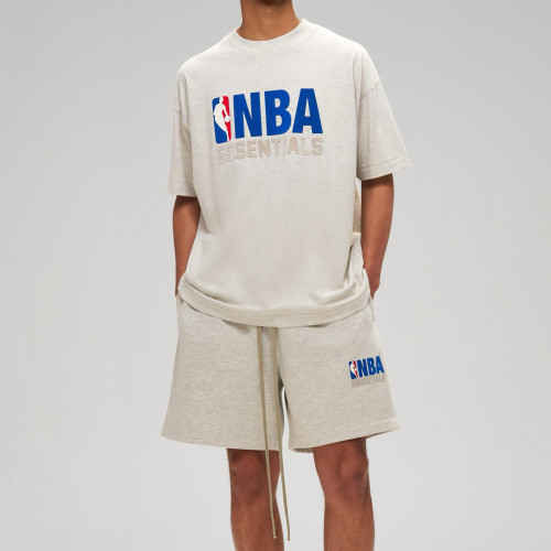 NIGO Essentials X Fear Of God  X NBA Men's and Women's Casual NBA Graphic Printed Solid Color Round Neck Short Sleeve T-Shirt Lace Up Casual Shorts Suit Set #nigo75943