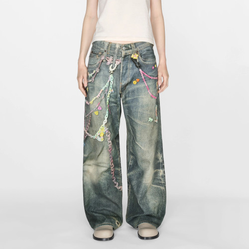 NIGO Acne Studios Men's Women's Four Seasons Chain Printed Loose Low Waist Solid Color Baggy Fit  Leg Denim Pants Ngvp #nigo1386