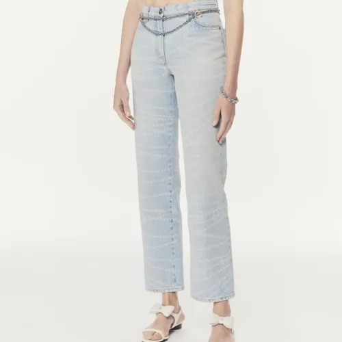 NIGO Chanel Women's Four Seasons Pearl Chain Print Cotton Casual Solid Color Straight Jeans Denim Pants #nigo73229