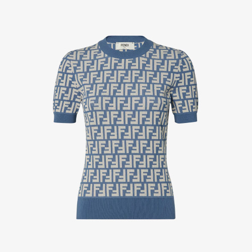 NIGO Fendi Women's Summer Blue and White FF Letter Print Round Neck Knit Short Sleeve T-Shirt #nigo76317