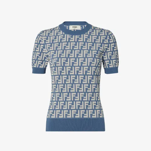 NIGO Fendi Women's Summer Blue and White FF Letter Print Round Neck Knit Short Sleeve T-Shirt #nigo76317