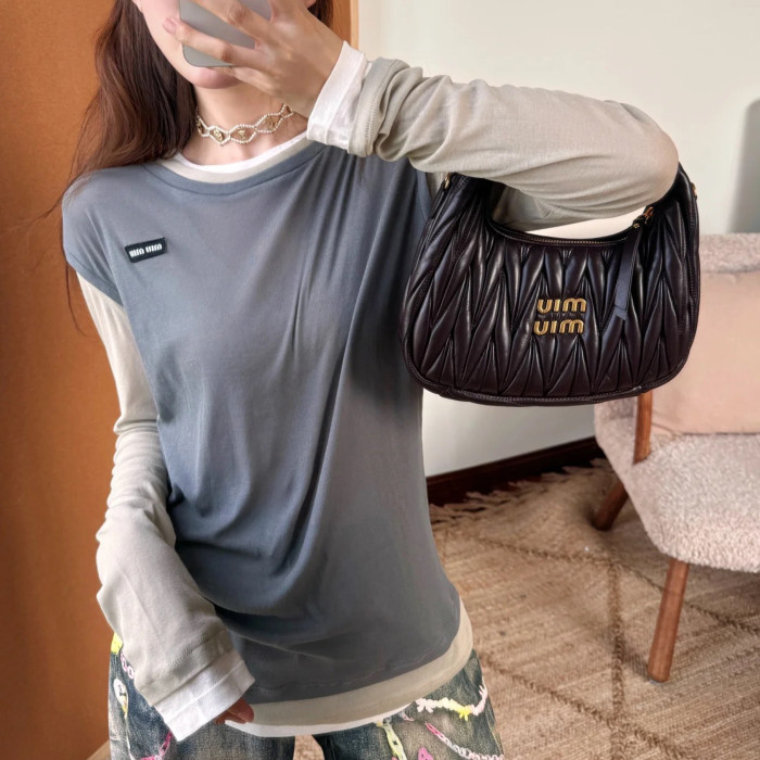 NIGO MiuMiu Women's Summer Ultra-Thin Fake Three-Piece Collision Bottom Shirt Fashionable Modern Trend Casual Round Neck Long Sleeve T-Shirt #nigo76335