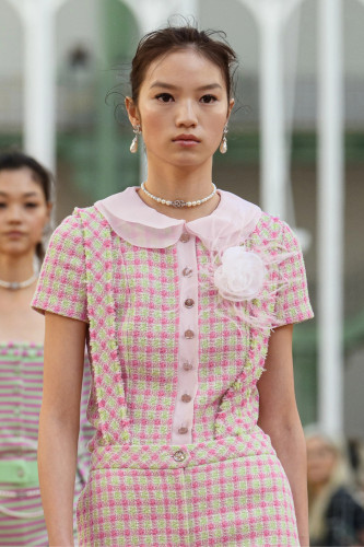NIGO Chanel Women's Spring And Autumn Pink Plaid Tweed Top Fashion Doll Collar Slim Single Breasted Short Sleeve T-Shirt Ngvp #nigo1562