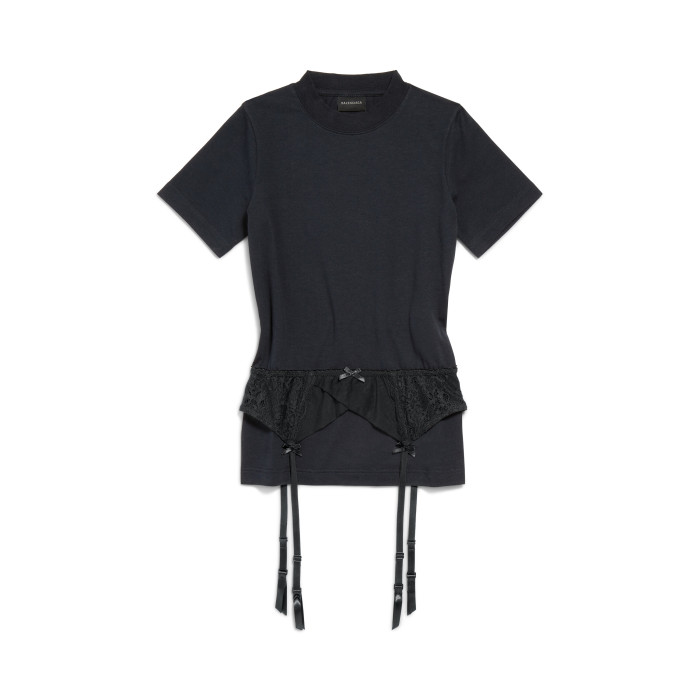 NIGO Balenciaga Lingerie T-shirt Women‘s Spring/Summer Faded Black White Stretch Plain Knit Tee Casual Bow Lace Splicing Slim Fit Tee Ngvp #nigo1582