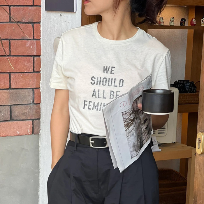 NIGO Dior Spring/summer White Cotton and Linen Blend Plain Knit Fabric We Should All Be Feminists Word Women's Fashion Trend Casual Round Neck Short Sleeve T-shirt Ngvp #nigo1586