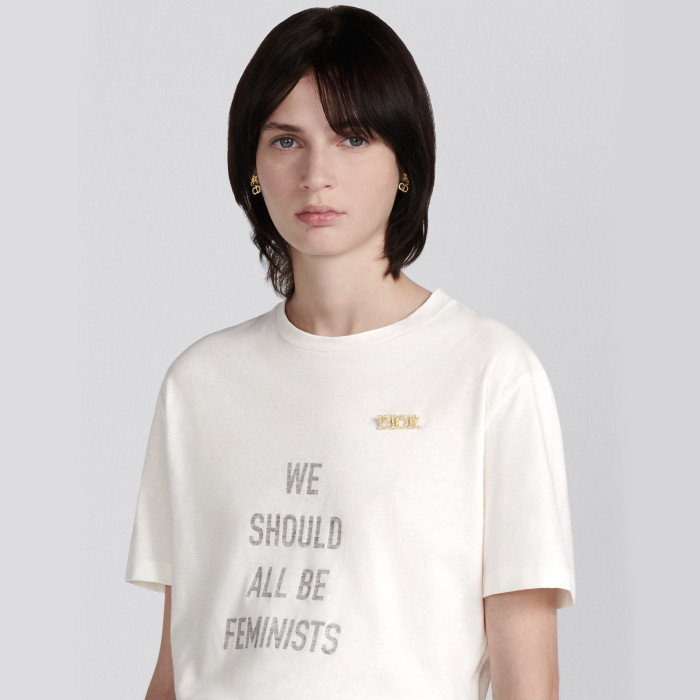 NIGO Dior Spring/summer White Cotton and Linen Blend Plain Knit Fabric We Should All Be Feminists Word Women's Fashion Trend Casual Round Neck Short Sleeve T-shirt Ngvp #nigo1586