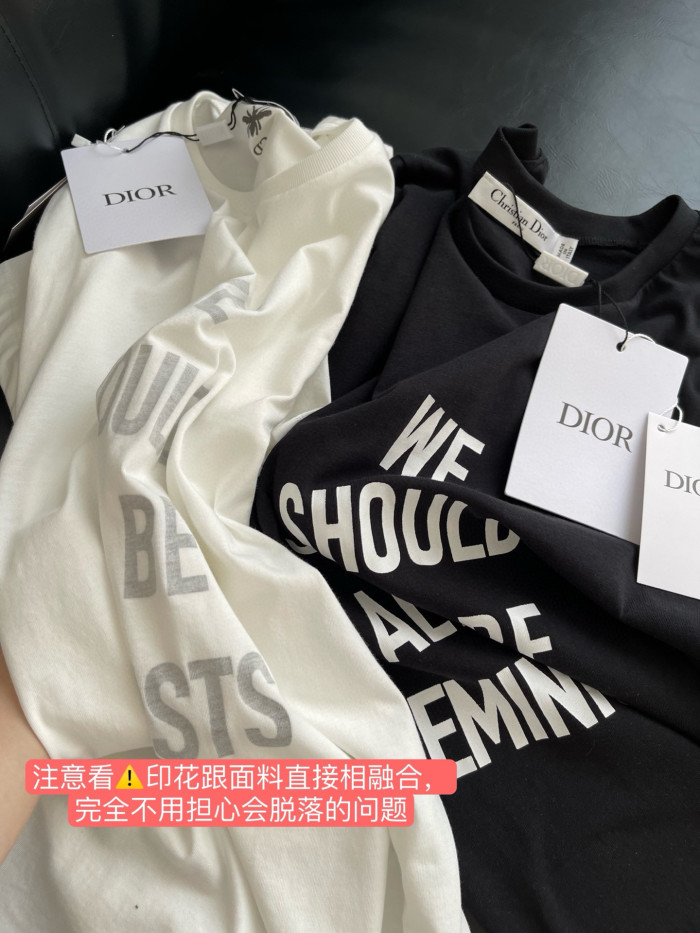 NIGO Dior Spring/summer White Cotton and Linen Blend Plain Knit Fabric We Should All Be Feminists Word Women's Fashion Trend Casual Round Neck Short Sleeve T-shirt Ngvp #nigo1586