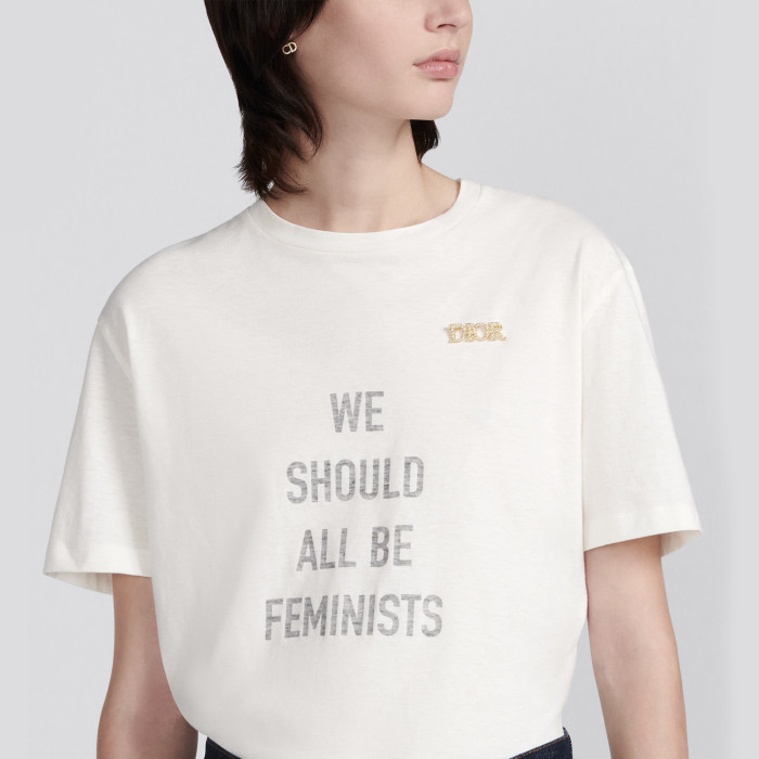 NIGO Dior Spring/summer White Cotton and Linen Blend Plain Knit Fabric We Should All Be Feminists Word Women's Fashion Trend Casual Round Neck Short Sleeve T-shirt Ngvp #nigo1586