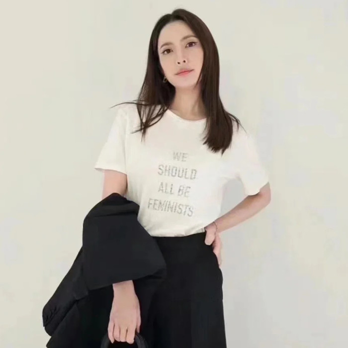 NIGO Dior Spring/summer White Cotton and Linen Blend Plain Knit Fabric We Should All Be Feminists Word Women's Fashion Trend Casual Round Neck Short Sleeve T-shirt Ngvp #nigo1586
