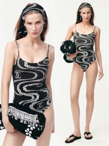 NIGO Chanel Women's Summer Black and White Printed Stretch Plain Knit One-Piece Swimsuit #nigo77253