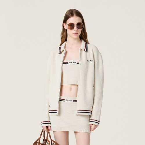 NIGO MiuMiu Women's Spring, Autumn And Winter Logo Embroidery Lapel Zipper Stripe Solid Color Long Sleeve Cotton Knit Cardigan Jacket #nigo81288