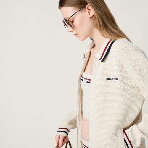 NIGO MiuMiu Women's Spring, Autumn And Winter Logo Embroidery Lapel Zipper Stripe Solid Color Long Sleeve Cotton Knit Cardigan Jacket #nigo81288