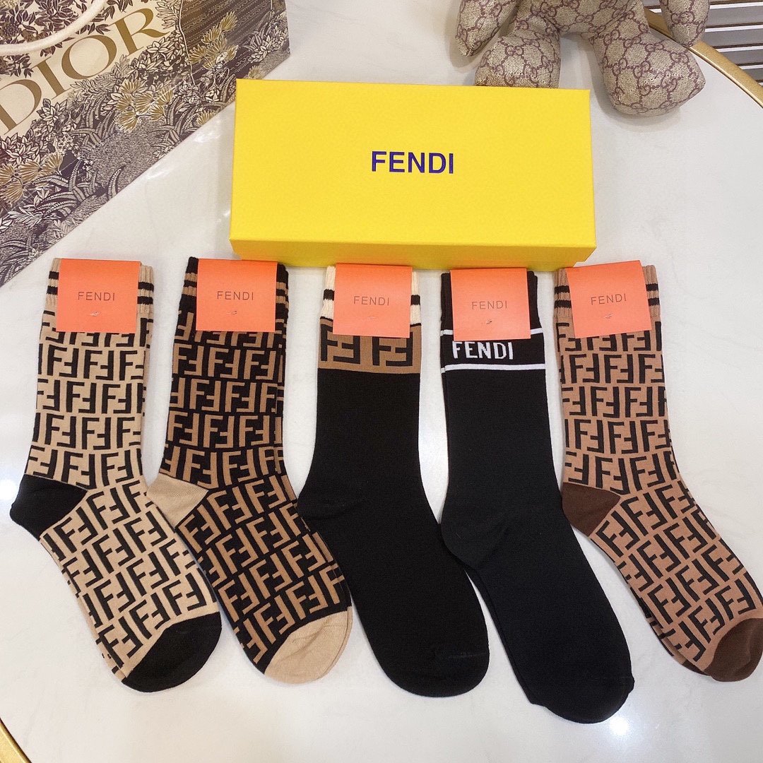 Fendi Socks 5 Pairs with Original Box Luxury Brand Breathable Fendi Sock