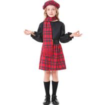 British Beret Red Plaid Black Long Sleeve Top Short Skirt School Uniform
