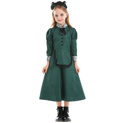 Halloween Kids Costumes Vampires Servant Cosplay Parent-child Costume Mysterious Castle Bat Outfit Dark Green Lace Dress