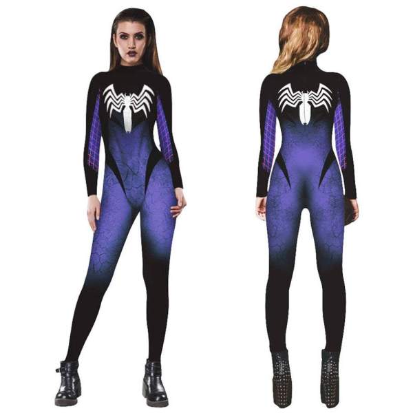 Halloween Purple Spider's man Printed Bodycon Jumpsuit Costume for woman
