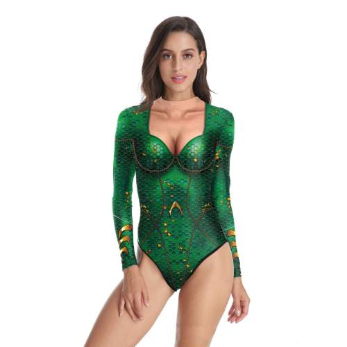 Aquaman Cosplay Costume Halloween Jumpsuit Slim Fit Long Sleeve T-Shirt Party Outfit For Women