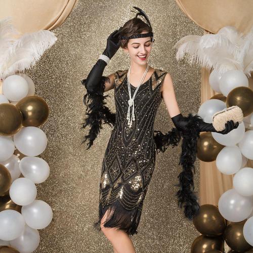 Vintage dress with double V-neck beaded sequins and tassels