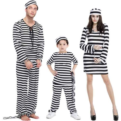 Halloween Adult Kid Striped Prison Costume Hat Top Pants Dress Set