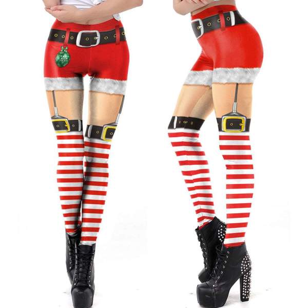 Christmas Sexy Women Printed Stripe Christmas Pants Leggings