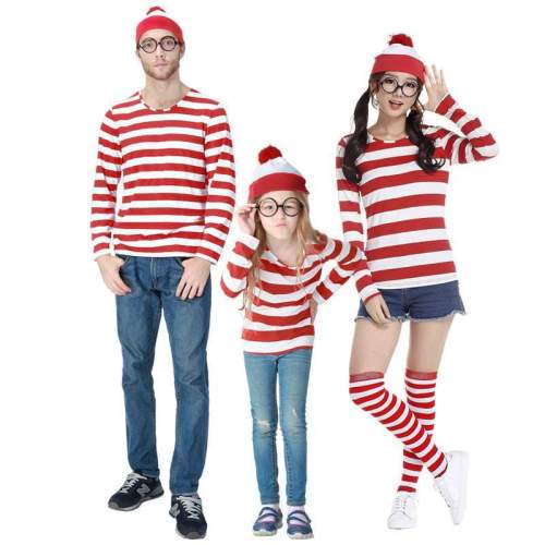 Adult Men's Where's Wally Waldo Costume Stripe Long Sleeves T-shirt
