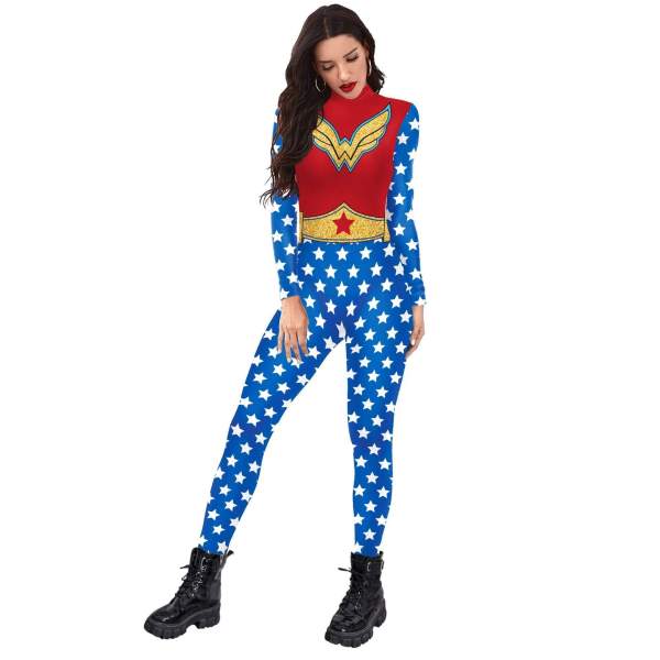 Superhero Wonder Woman Cosplay Costume Halloween Printed Jumpsuit Slim Fit Long Sleeve Party Outfit for Women