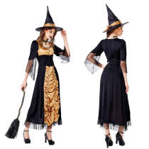 Witch Costumes Halloween Cosplay Witch Prom Fold Dress Costume with Tall Hat Black and Gold