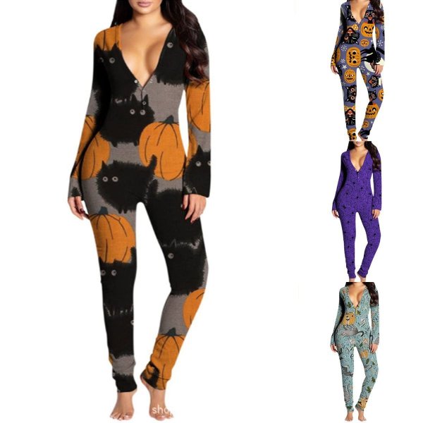 Halloween Women Butt Patch Pajamas Pumpkin Printed Bodysuit
