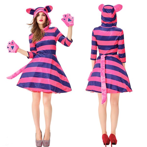 Women  Animal Cosplay Pink Cute Striped Cat Dress Halloween Costume